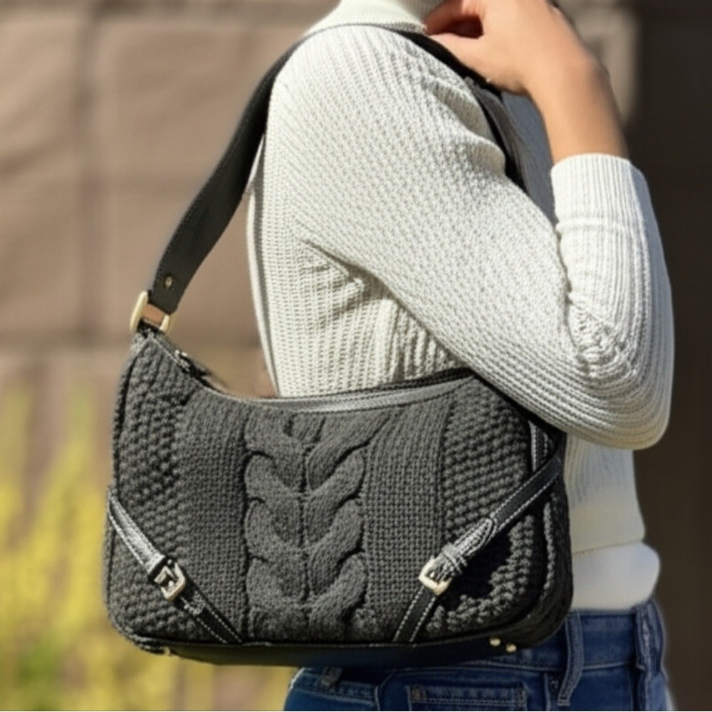 NWT Ralph Lauren Chaps Cable Knit Baguette Bag Black Leather Buckle Wool